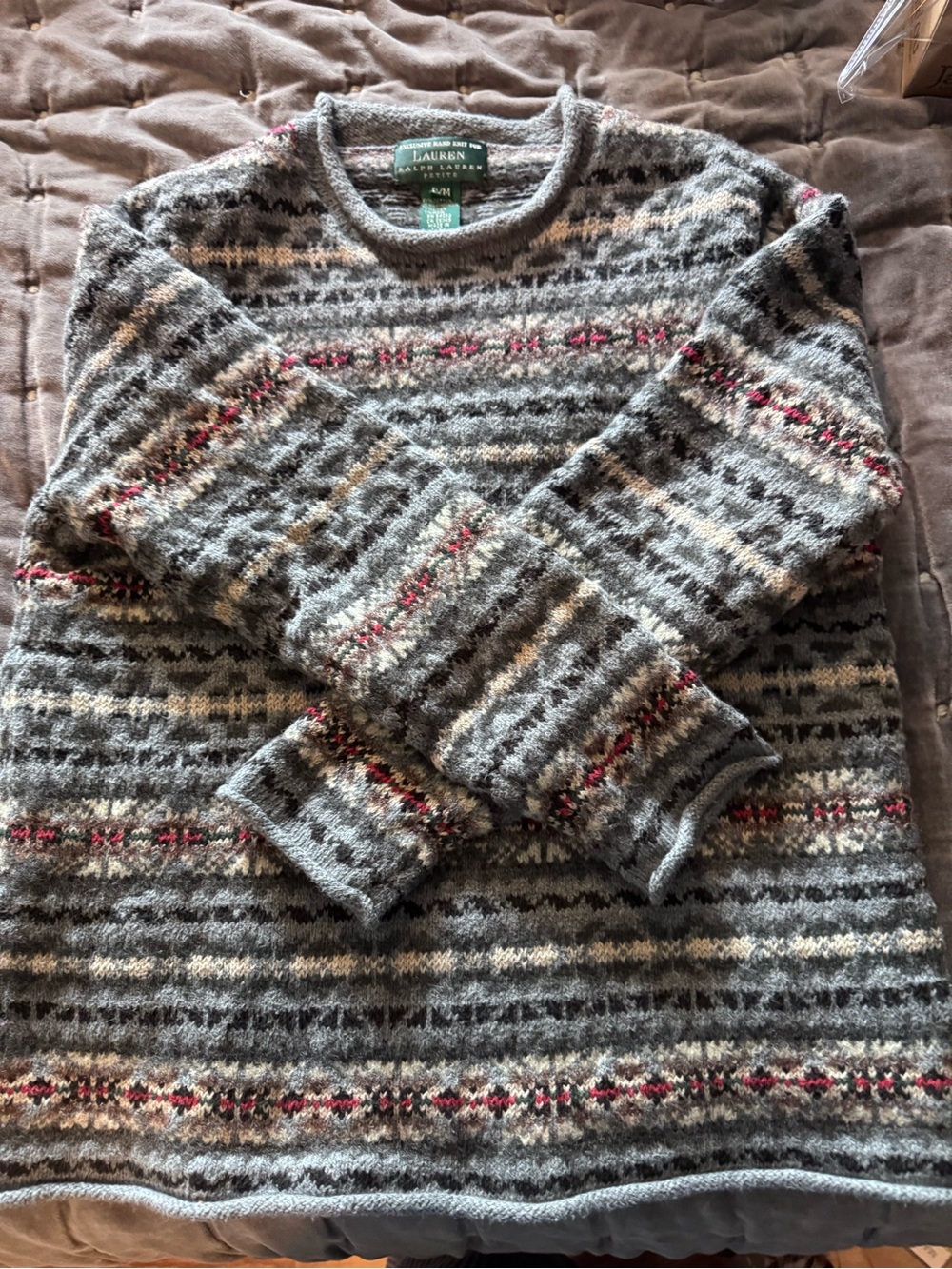 VTG Petite Medium Lauren Ralph Lauren Gray Fair Isle Crewneck Sweater